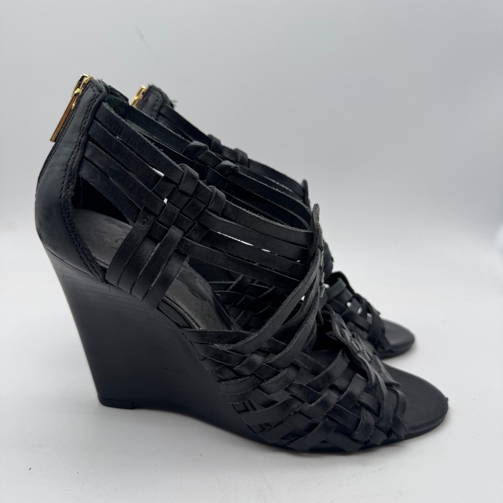 Tory Burch Strappy Sandals Size 6 Brazil Leather Designer Shoes Black Wedge Heel